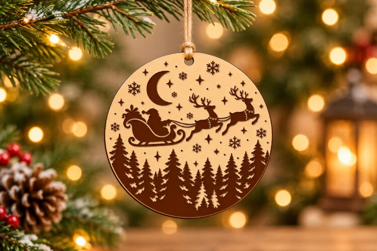 Flying Santa Bauble SVG, Layered Laser Cut Wood Design example image 1
