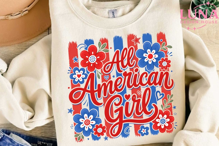 All American Girl PNG, Patriotic Floral PNG, 4th of July PNG