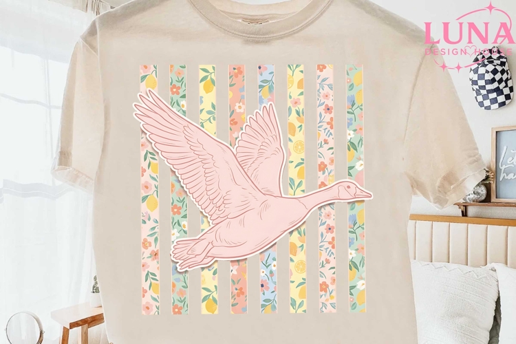 Pink Goose Floral Stripes PNG, Cottage Core Goose Clipart PN