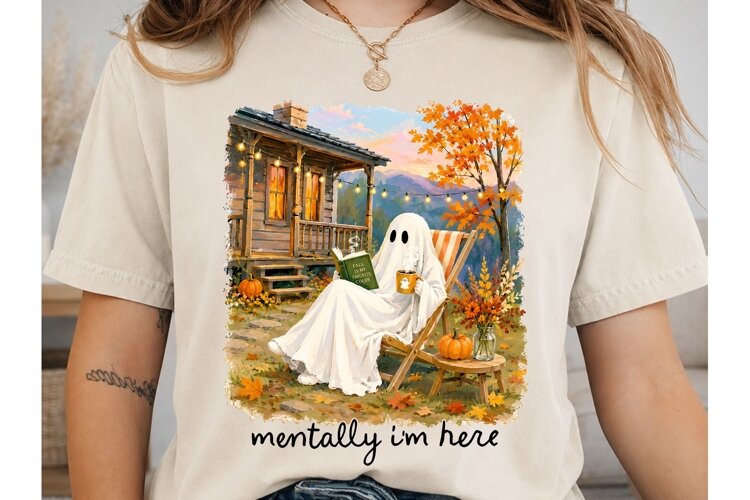 Fall Ghost Reading PNG Shirt Design example image 1