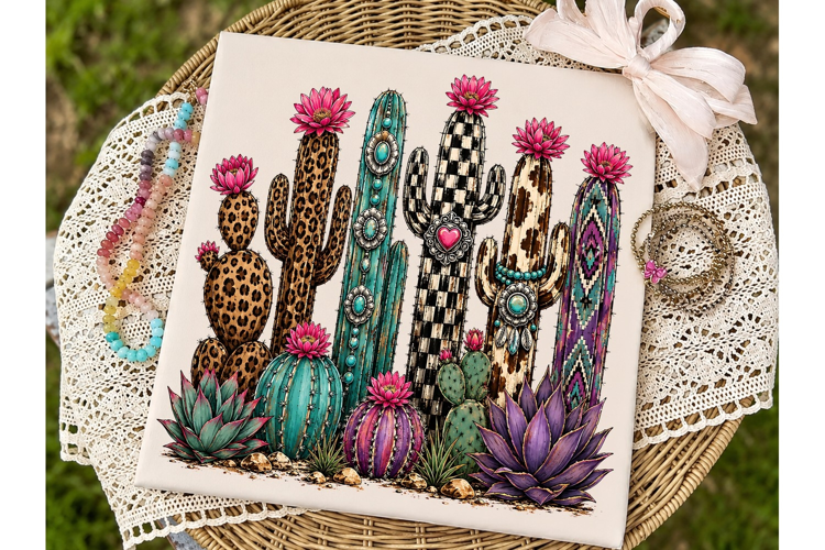 Boho Cactus Flowers PNG Sublimation Desi