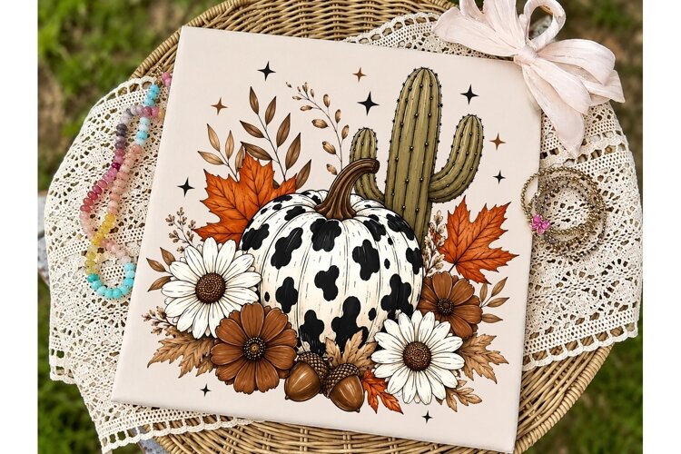 Autumn Cow Pumpkin Cactus PNG Shirt example image 1
