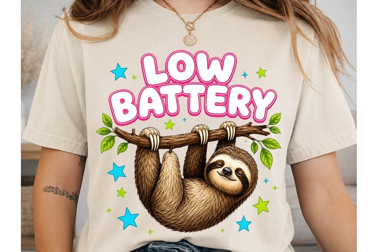 Low Battery Sloth PNG Sublimation Shirt example image 1