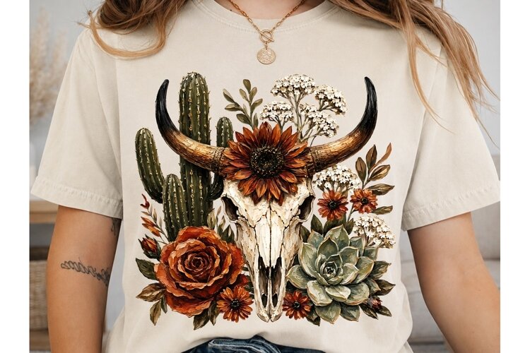 Boho Bull Skull Flowers PNG Shirt example image 1