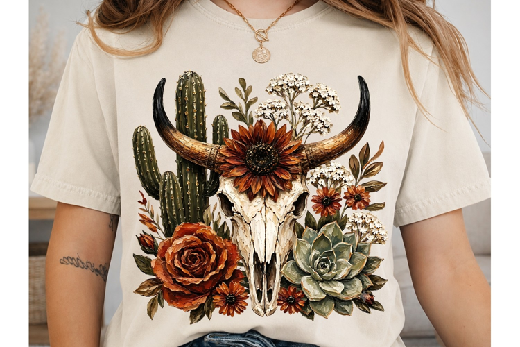 Boho Bull Skull Flowers PNG Shirt