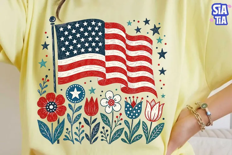 American Flag Floral 4th of July PNG
