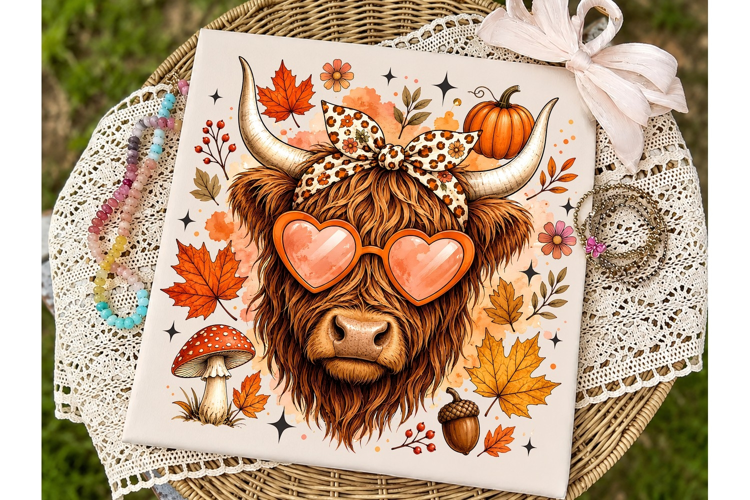 Autumn Highland Cow PNG Sublimation Desi