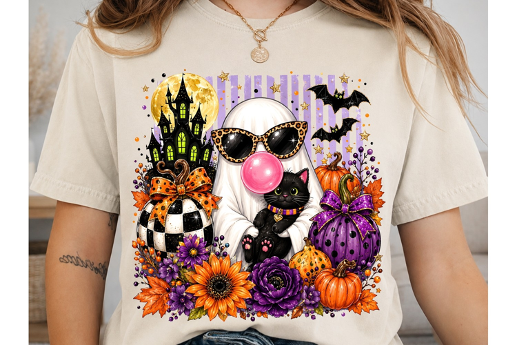 Halloween Ghost Cat PNG Sublimation Tee