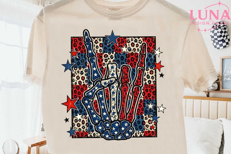 Skeleton Peace Hand Patriotic PNG, 4th of July Leopard PNG
