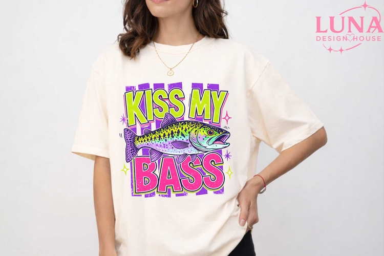 Kiss My Bass PNG, Funny Fishing Sublimation, Retro Fish PNG