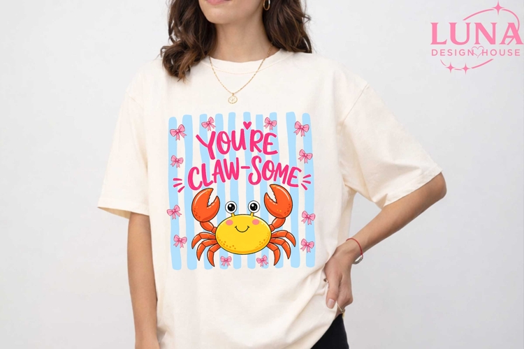 Youre Clawsome Cute Crab PNG, Coquette Bow Crab Clipart PNG