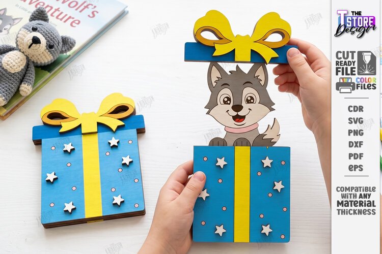 3D Folding Surprise Card Laser Cut | Wooden Wolf Sliding SVG example image 1