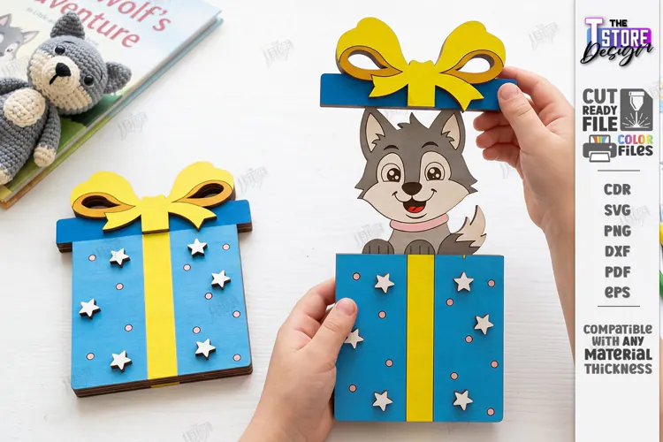 3D Folding Surprise Card Laser Cut | Wooden Wolf Sliding SVG