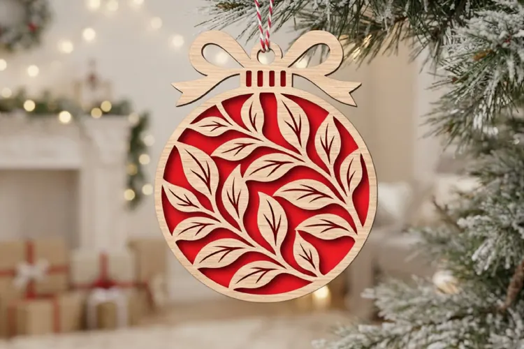 Foliage Bauble Laser Cut Wood File, Christmas Ornament SVG