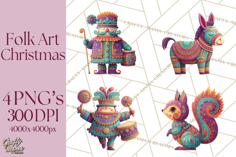 Vibrant Yuletide Friends Clipart, Christmas Folk Art Png