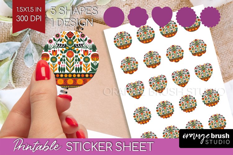 Folk Flowers Round Sticker - Floral Folk Printable Sticker example image 1