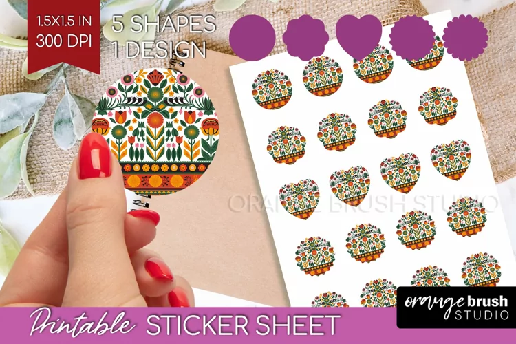 Folk Flowers Round Sticker - Floral Folk Printable Sticker