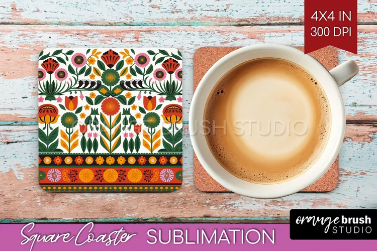 Folk Flowers Square Coaster - Floral Folk Coaster PNG