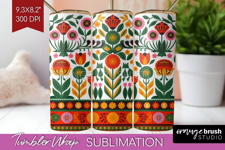 Folk Flowers Tumbler Wrap - Floral Folk Tumbler PNG