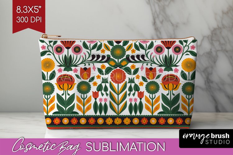 Folk Flowers Cosmetic Bag - Floral Folk Makeup Bag PNG example image 1
