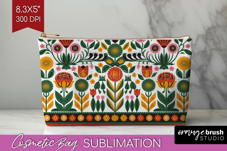 Folk Flowers Cosmetic Bag - Floral Folk Makeup Bag PNG