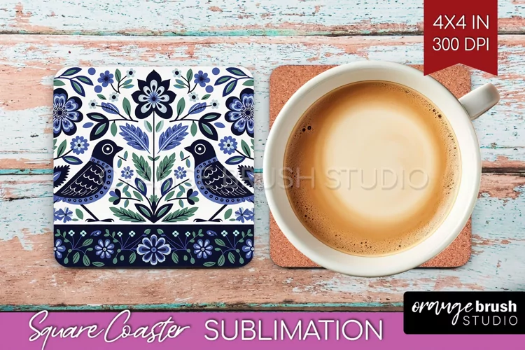Folk Flowers Square Coaster - Floral Folk Coaster PNG