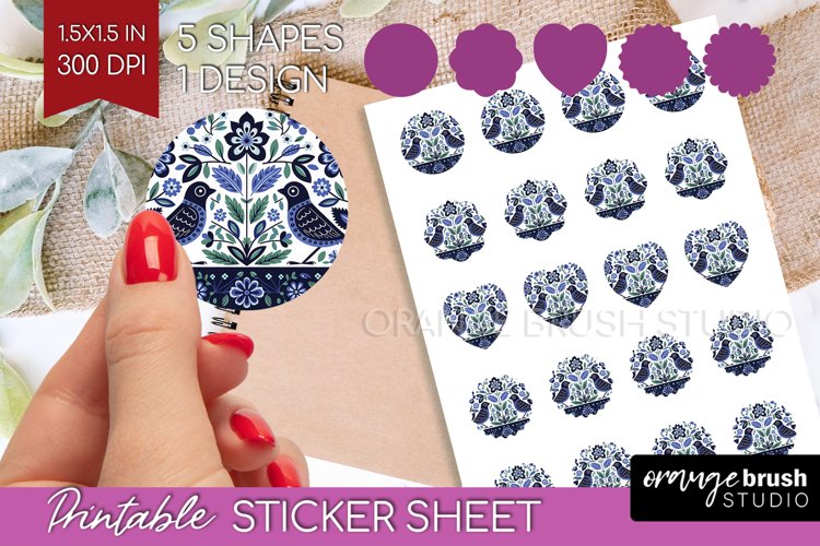 Folk Flowers Round Sticker - Floral Folk Printable Sticker example image 1