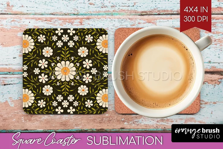 Folk Flowers Square Coaster - Floral Folk Coaster PNG