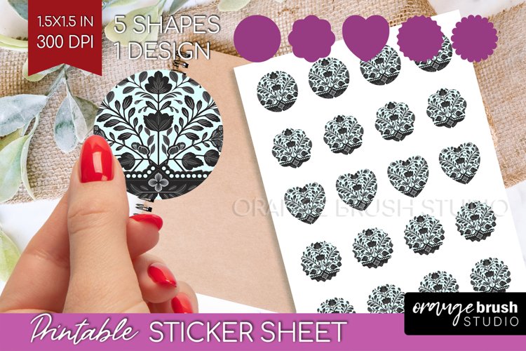 Folk Flowers Round Sticker - Floral Folk Printable Sticker example image 1