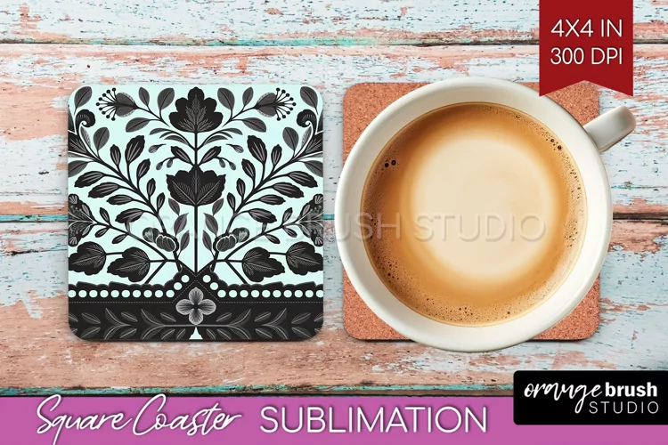 Folk Flowers Square Coaster - Floral Folk Coaster PNG
