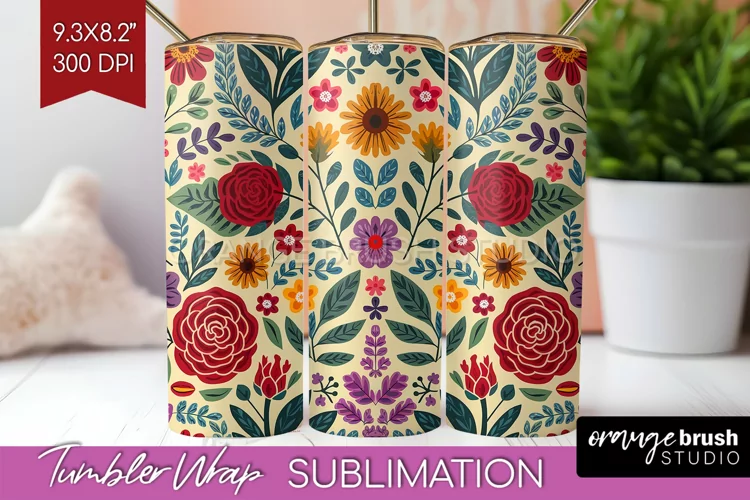 Folk Flowers Tumbler Wrap - Floral Folk Tumbler PNG