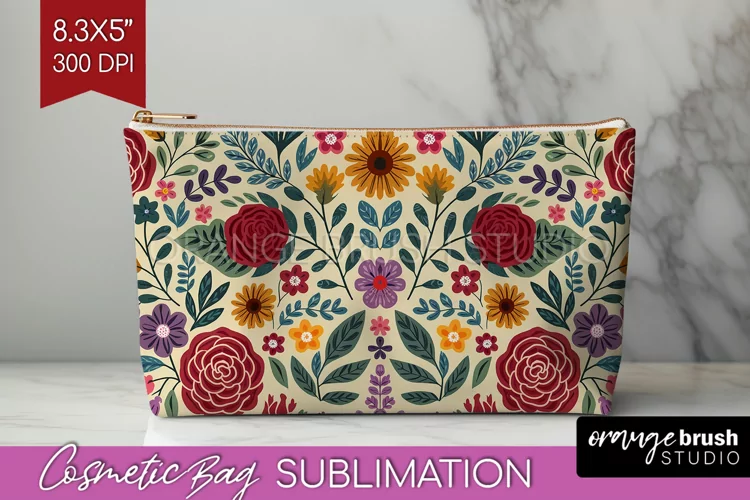 Folk Flowers Cosmetic Bag - Floral Folk Makeup Bag PNG