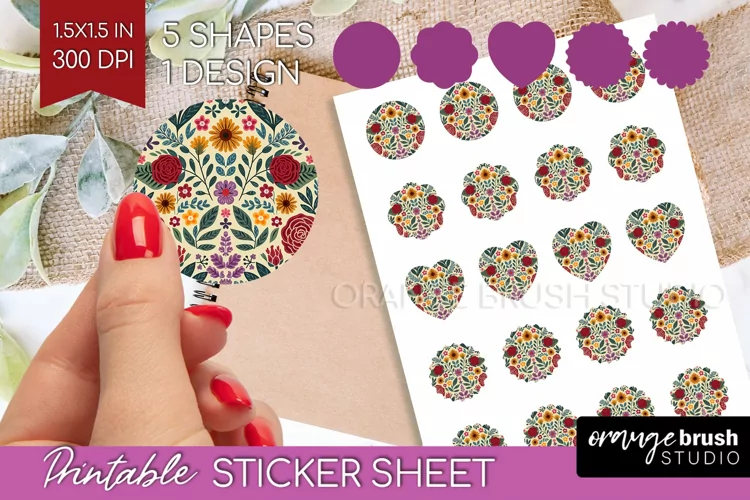 Folk Flowers Round Sticker - Floral Folk Printable Sticker