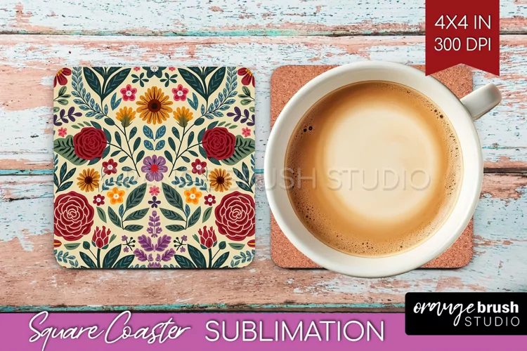 Folk Flowers Square Coaster - Floral Folk Coaster PNG