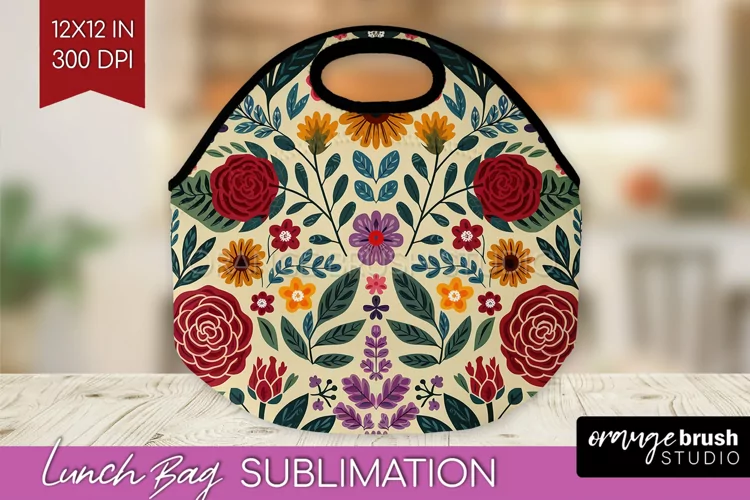 Folk Flowers Lunch Bag - Floral Folk Lunch Bug PNG
