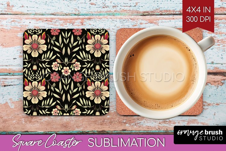 Folk Flowers Square Coaster - Floral Folk Coaster PNG example image 1