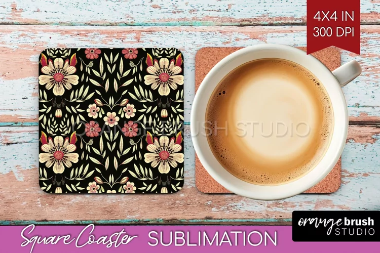 Folk Flowers Square Coaster - Floral Folk Coaster PNG