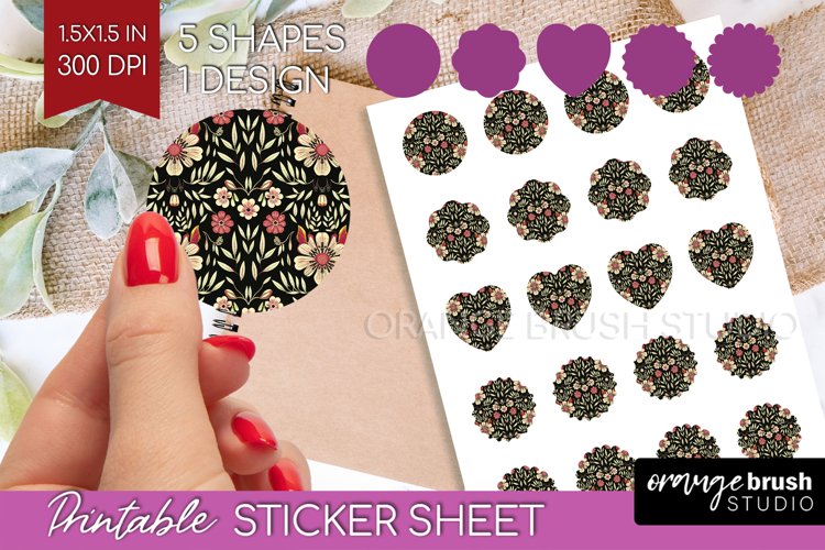 Folk Flowers Round Sticker - Floral Folk Printable Sticker example image 1