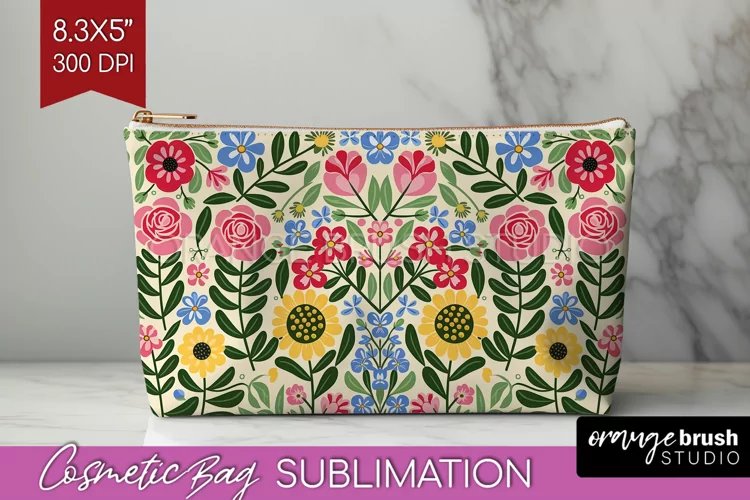 Folk Flowers Cosmetic Bag - Floral Folk Makeup Bag PNG