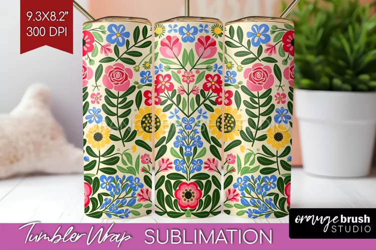 Folk Flowers Tumbler Wrap - Floral Folk Tumbler PNG