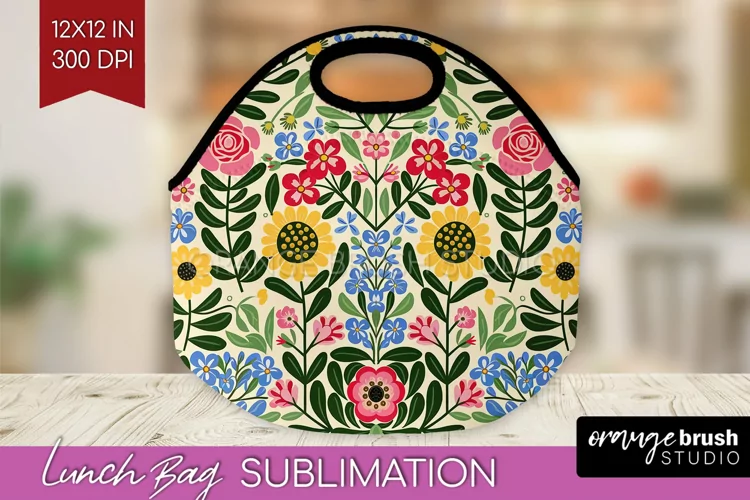 Folk Flowers Lunch Bag - Floral Folk Lunch Bug PNG