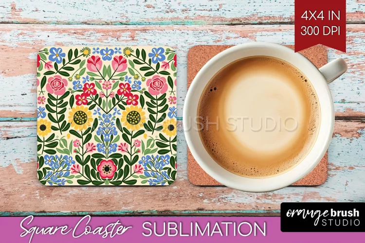 Folk Flowers Square Coaster - Floral Folk Coaster PNG