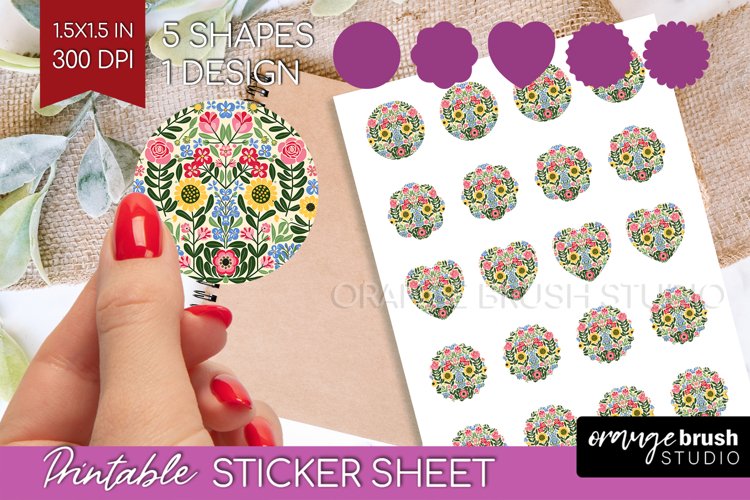 Folk Flowers Round Sticker - Floral Folk Printable Sticker example image 1