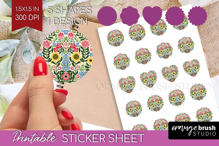 Folk Flowers Round Sticker - Floral Folk Printable Sticker