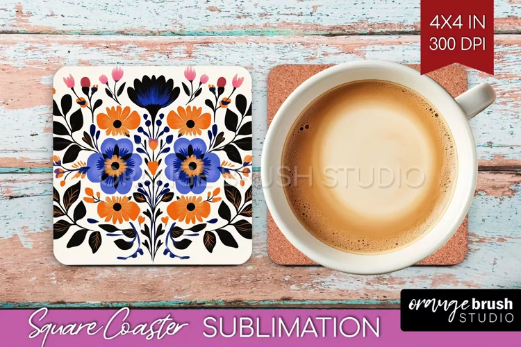 Folk Flowers Square Coaster - Floral Folk Coaster PNG