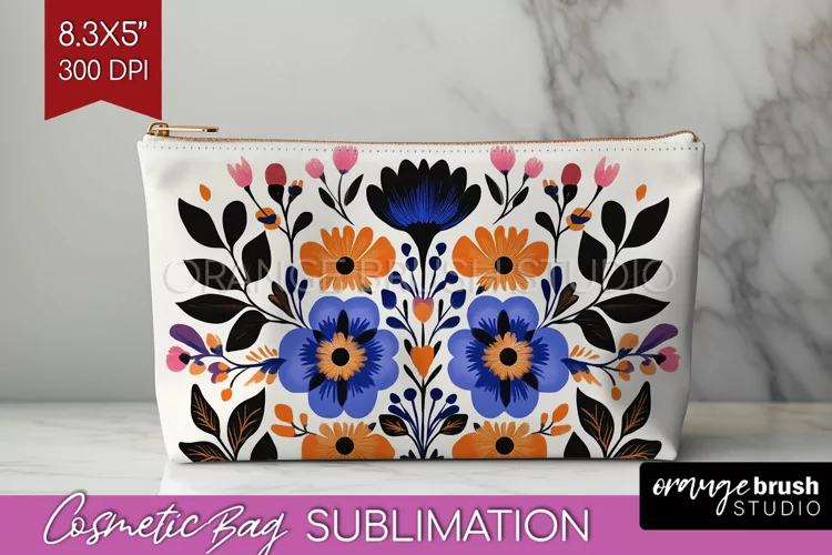 Folk Flowers Cosmetic Bag - Floral Folk Makeup Bag PNG