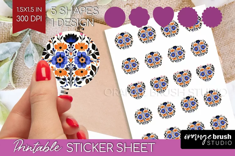 Folk Flowers Round Sticker - Floral Folk Printable Sticker