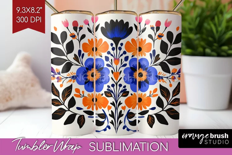 Folk Flowers Tumbler Wrap - Floral Folk Tumbler PNG