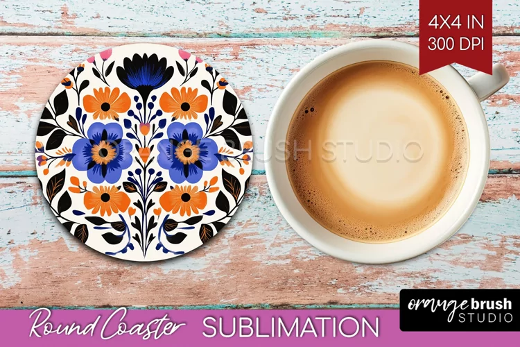 Folk Flowers Round Coaster - Floral Folk Coaster PNG
