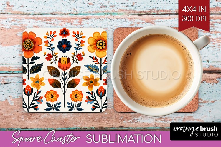 Folk Flowers Square Coaster - Floral Folk Coaster PNG example image 1